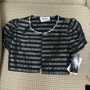 Black and charcoal stripe taffeta crop jacket. Rhinestone button closure